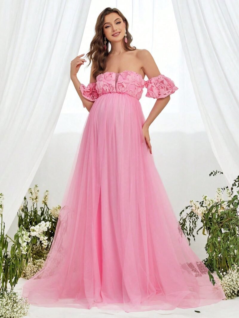 Renta de Vestido de Maternidad Clásico Elegante Rosa XG / G Mod. VMAR1001 incluye Corona - Image 4