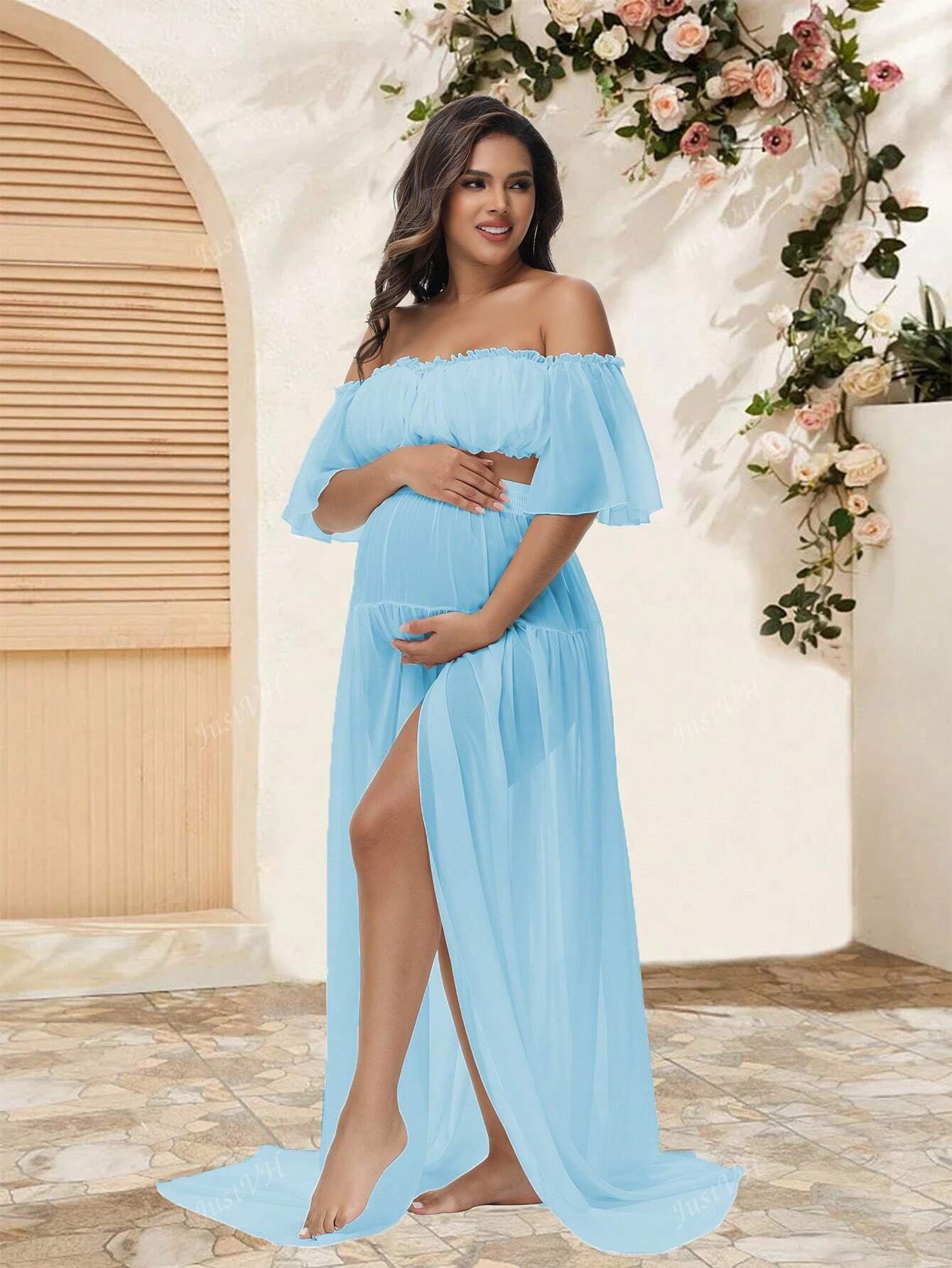 Renta de Conjunto Falda y  Top Maternidad Azul CH incluye Corona de Flores Modelo 11 - Image 4