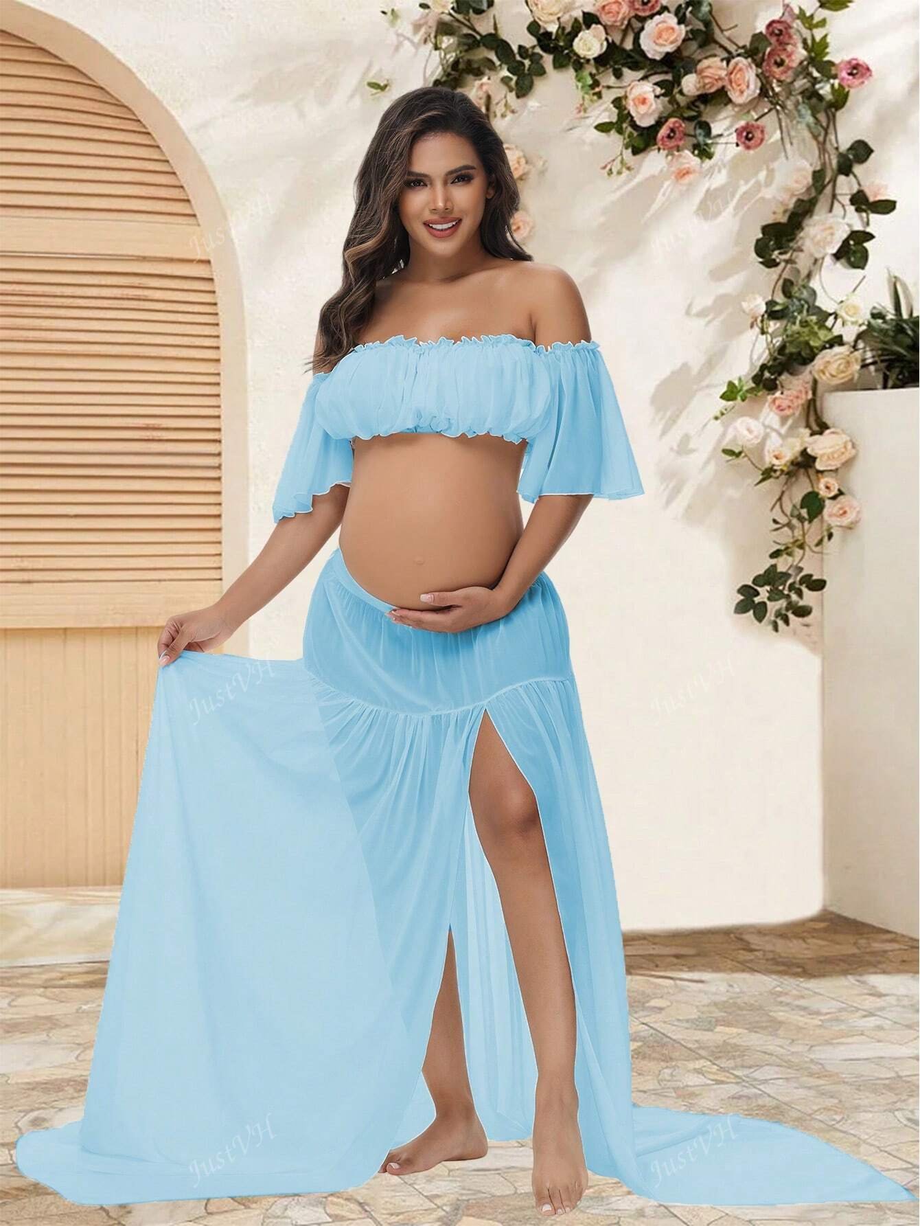 Renta de Conjunto Falda y  Top Maternidad Azul CH incluye Corona de Flores Modelo 11 - Image 7