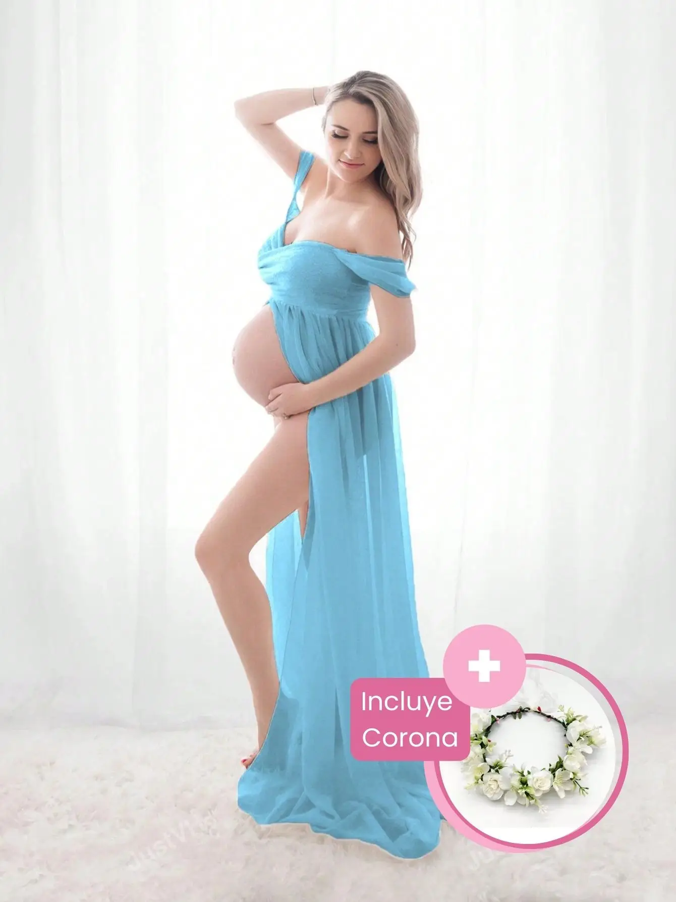Renta de Vestido de Maternidad Azul Mediano incluye Corona de Flores Modelo 8