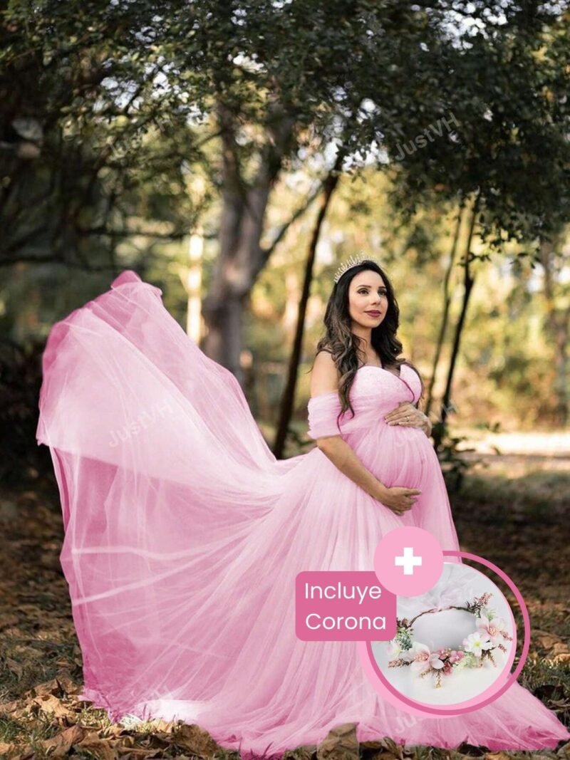 Renta de Vestido de Maternidad Rosa G / XG incluye Corona de Flores Mod.VMAR1006