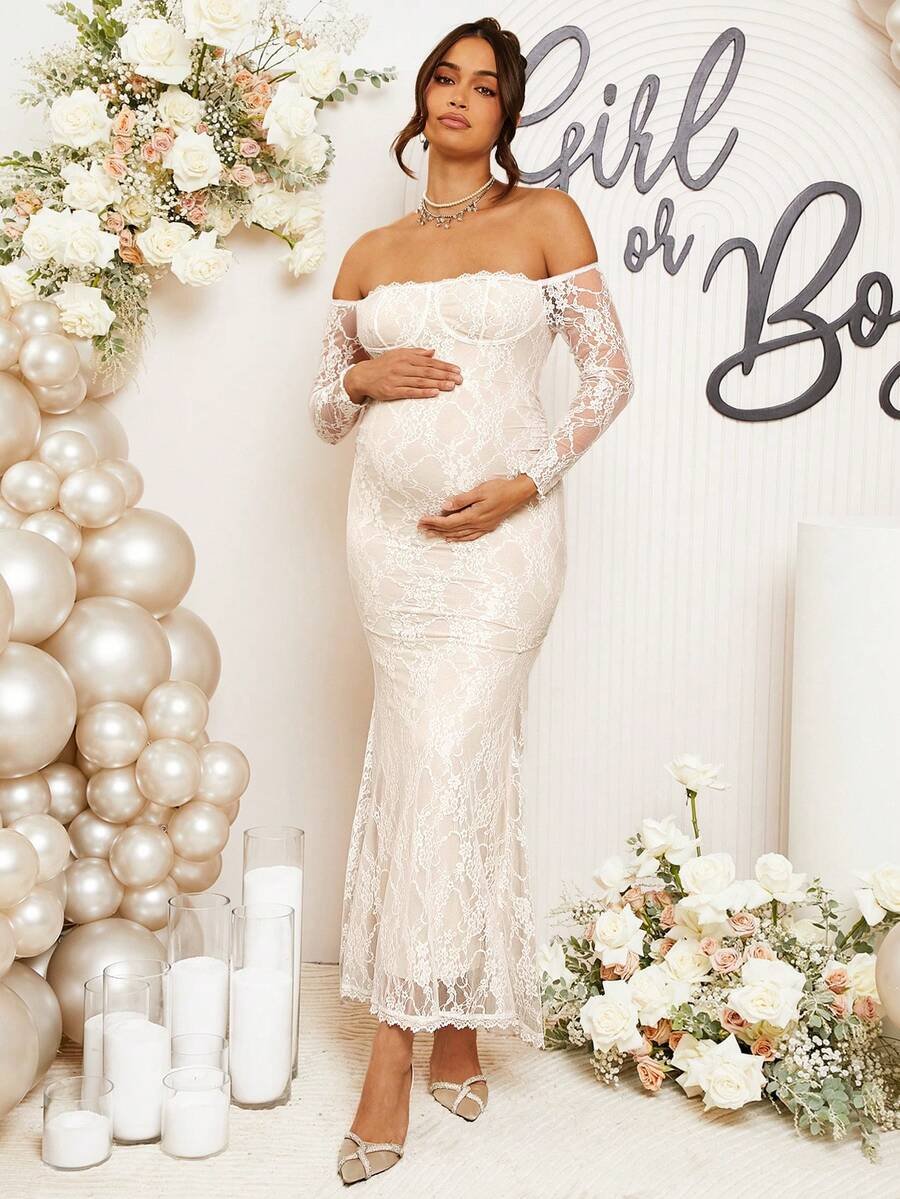 Renta Vestido Maternidad Elegante Blanco Encaje Modelo 45