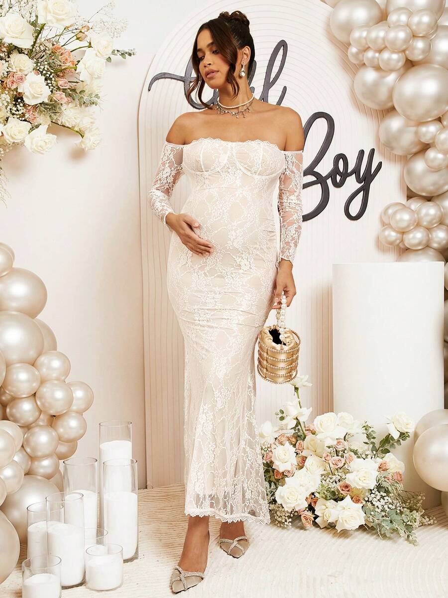 Renta Vestido Maternidad Elegante Blanco Encaje Modelo 45 - Image 6