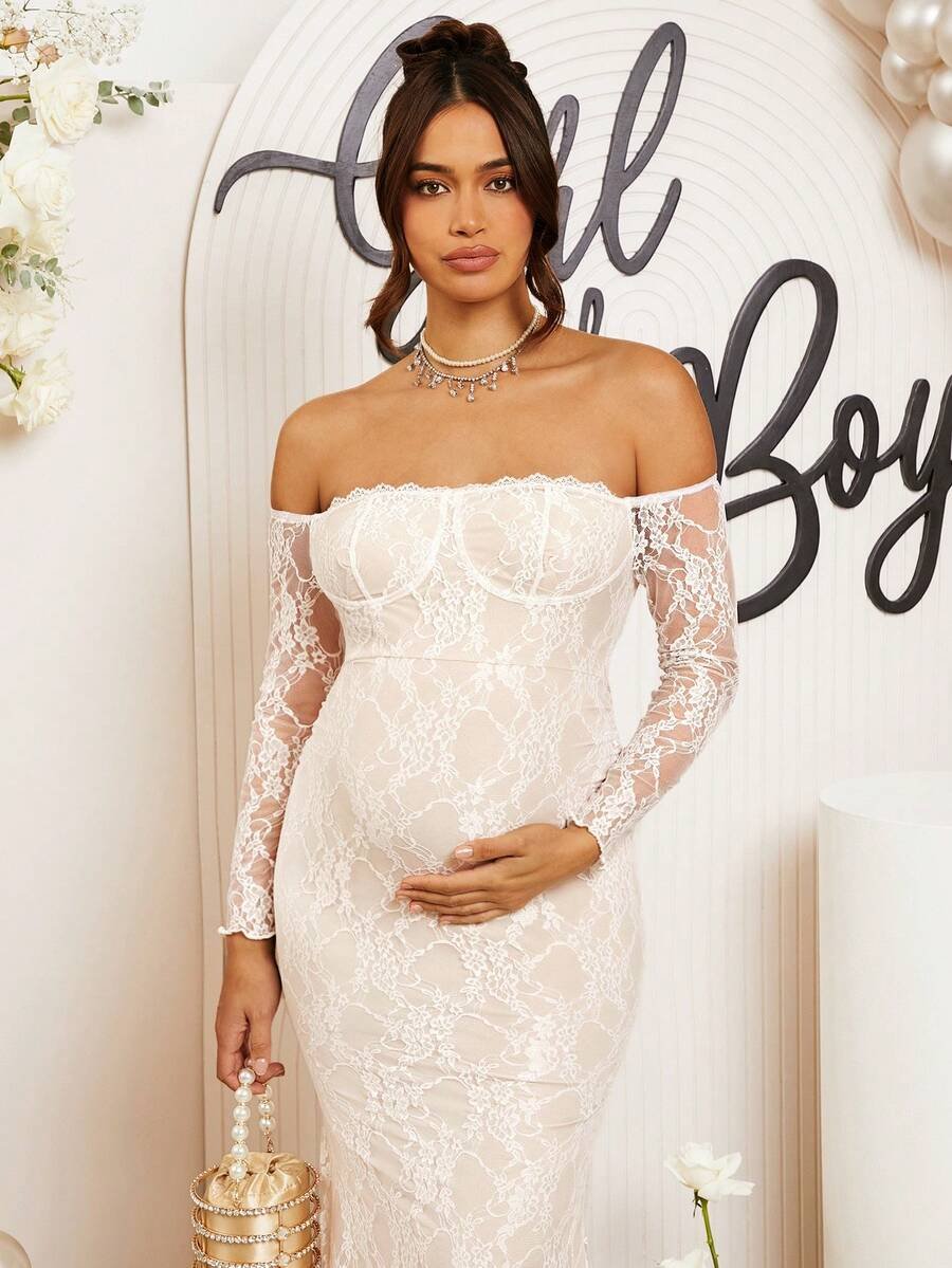 Renta Vestido Maternidad Elegante Blanco Encaje Modelo 45 - Image 4