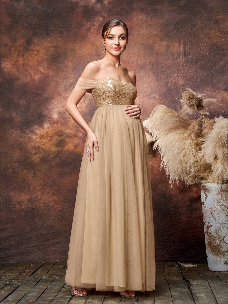 Renta Vestido Maternidad Fiesta Elegante Beige con lentejuela Modelo 42 - Image 5