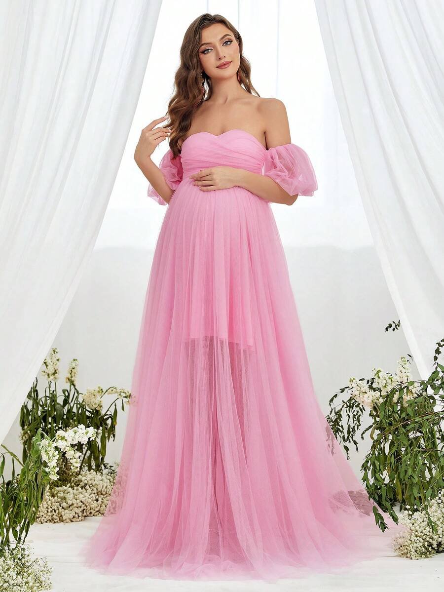 Renta de Vestido Maternidad Clásico Elegante Rosa Tul Modelo 4