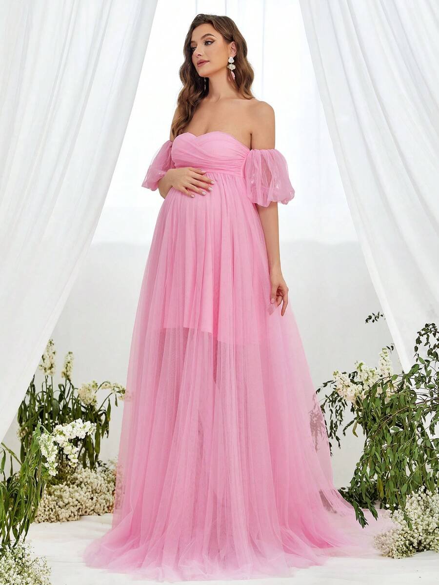 Renta de Vestido Maternidad Clásico Elegante Rosa Tul Modelo 4 - Image 6