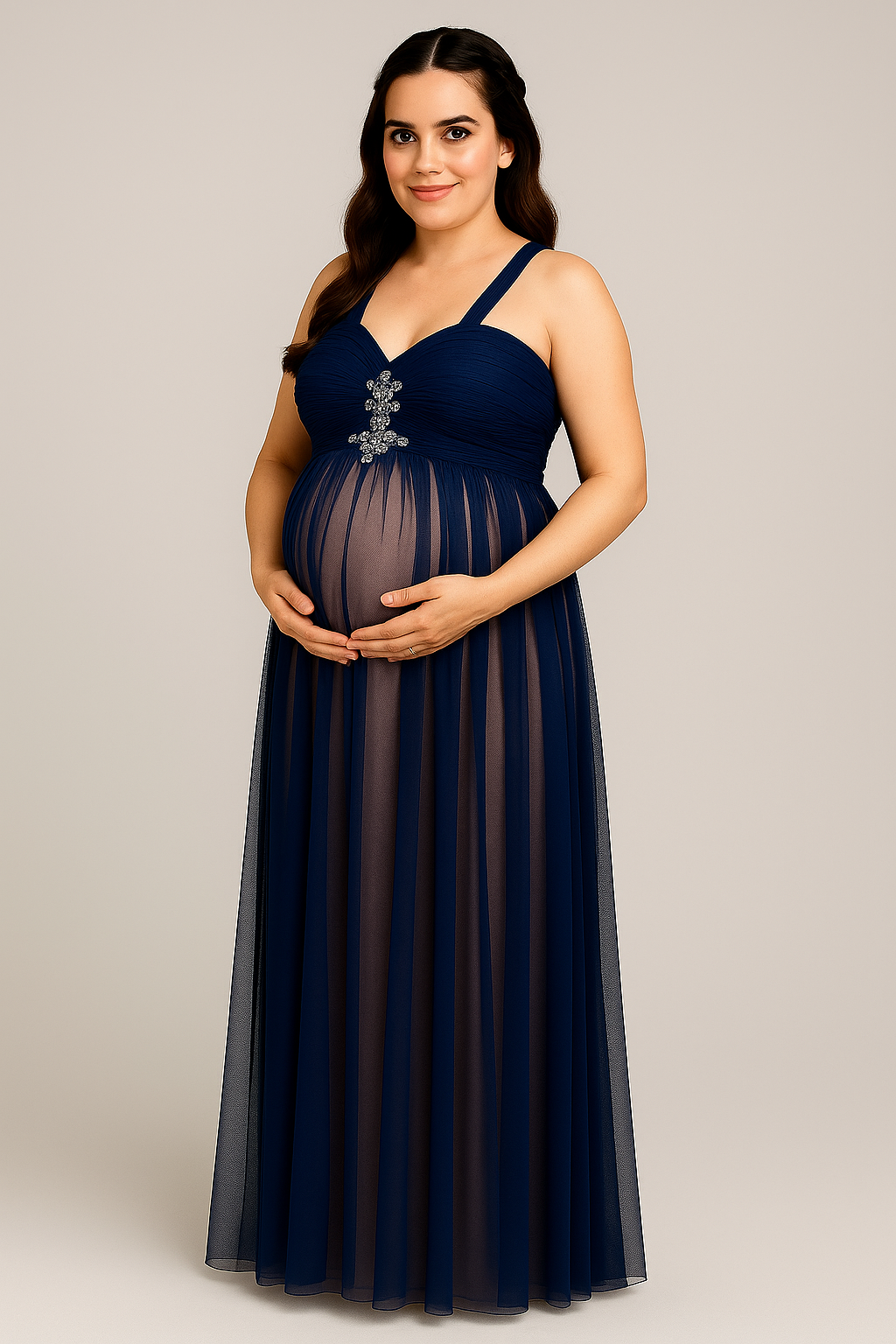 Renta Vestido Maternidad Clásico Elegante Azul con Nude Modelo 16