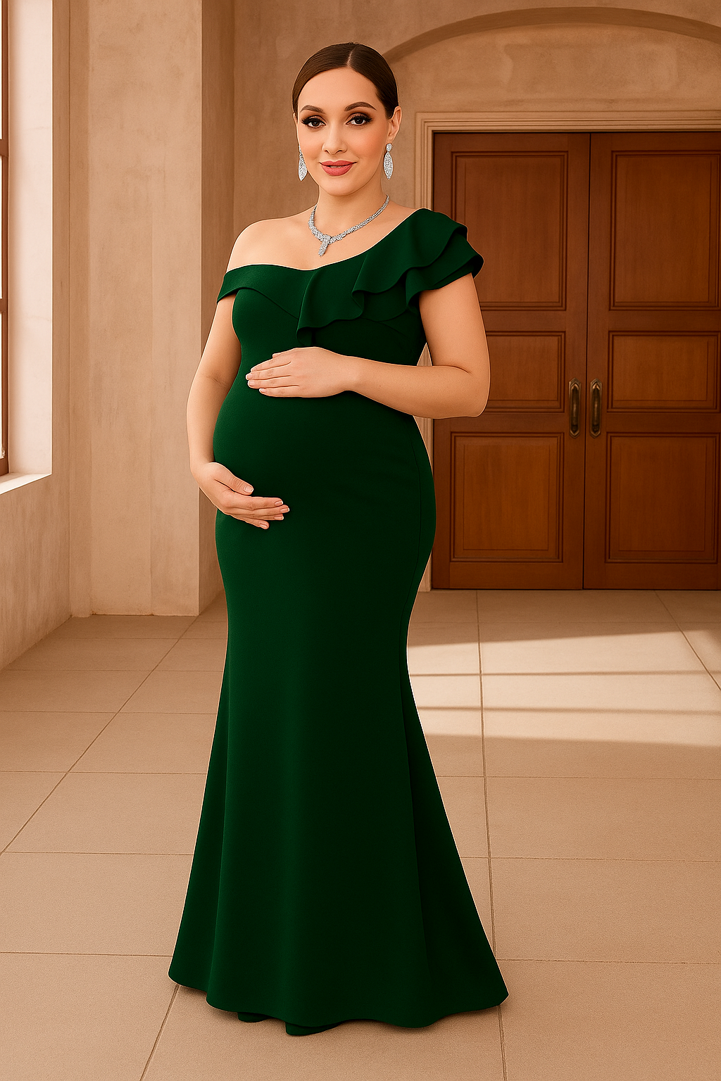 Renta Vestido Maternidad Clásico Elegante Verde Modelo 17