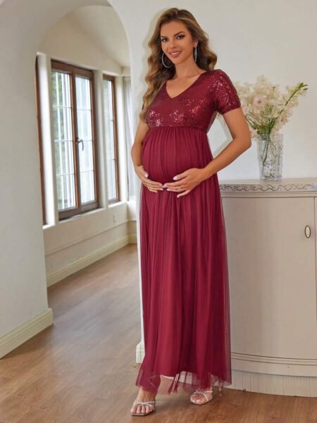 Renta Vestido Maternidad Elegante Fiesta Vino Tinto Modelo 56